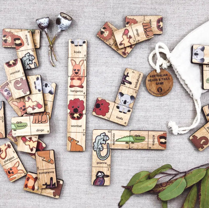 Australian Heads & Tails timber game with native animal domino-style pieces and cotton bag — Adventure Awaits