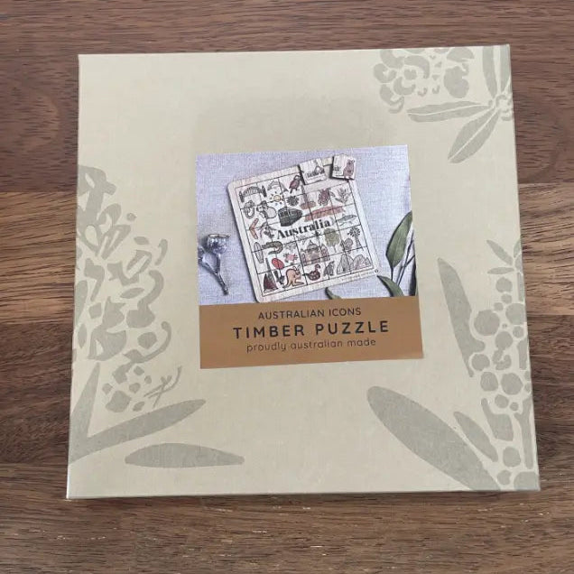Australian Icons timber puzzle in illustrated gift box, proudly Australian made — Adventure Awaits
