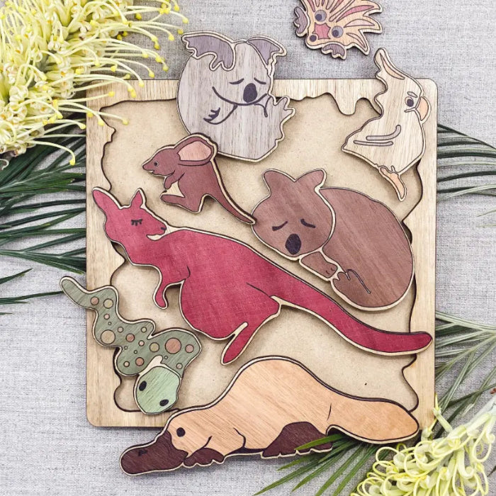 Australian native animal timber puzzle with kangaroo, koala, platypus and other wildlife pieces — Adventure Awaits