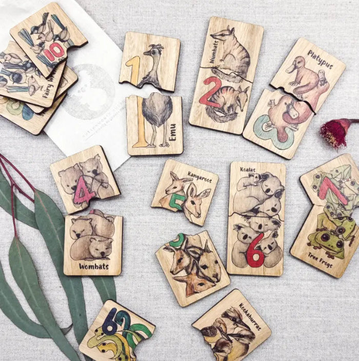 Australian animal number matching timber puzzles with numbers 1 to 10 and native wildlife — Adventure Awaits