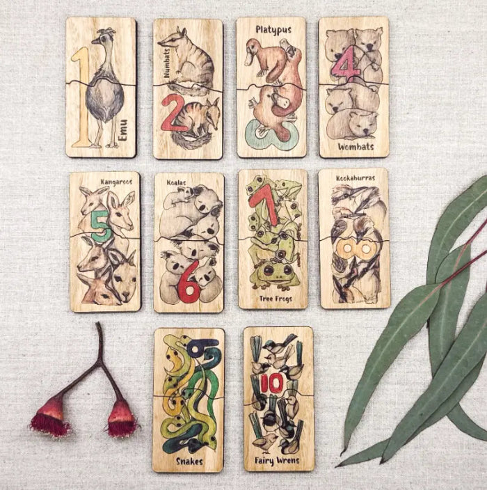 Australian animal number matching timber puzzles from 1 to 10 with native wildlife illustrations — Adventure Awaits