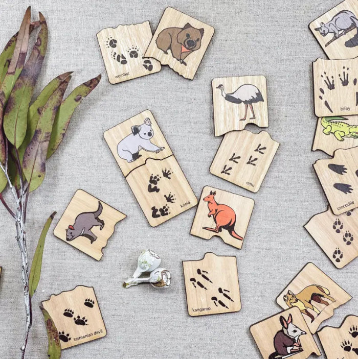 Australian animal track matching timber puzzles with wombat, koala, emu and kangaroo — Adventure Awaits