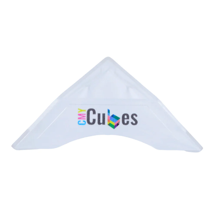 Clear CMY Cubes display stand with triangular shape and curved base, Adventure Awaits