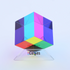 CMY Cubes forming a larger cube on a clear stand with vivid cyan, pink, yellow and green panels, Adventure Awaits
