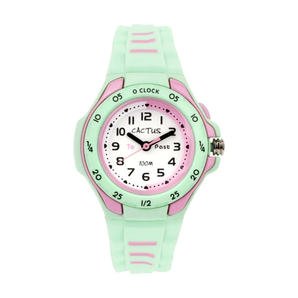 face of cactus mentor watch in mint and pink on white background