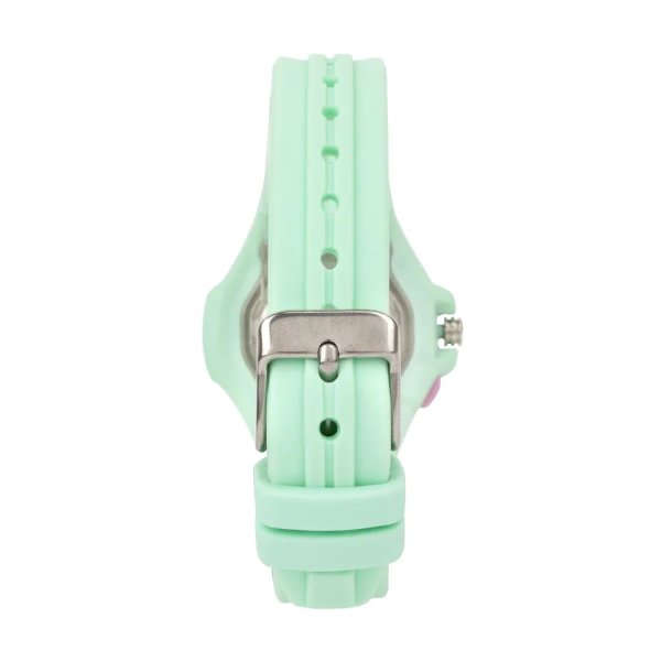 back of fastened cactus mentor watch in mint and pink on white background