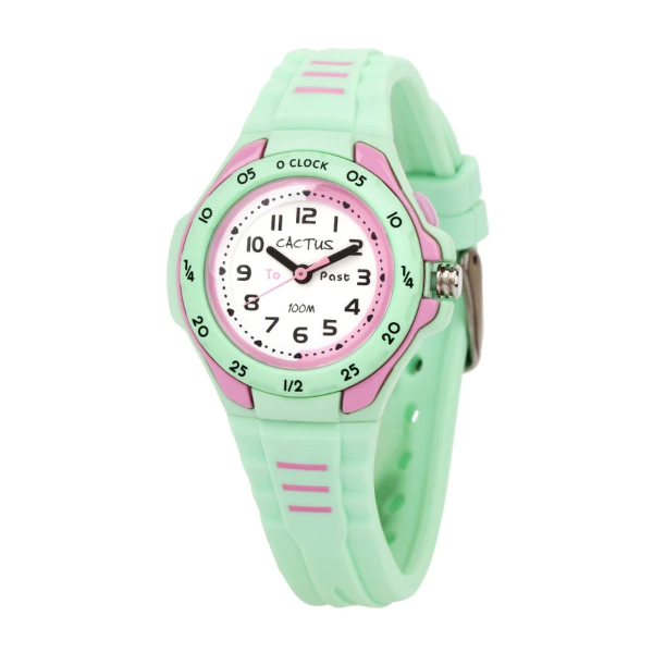 cactus mentor watch in mint green and pink on white background
