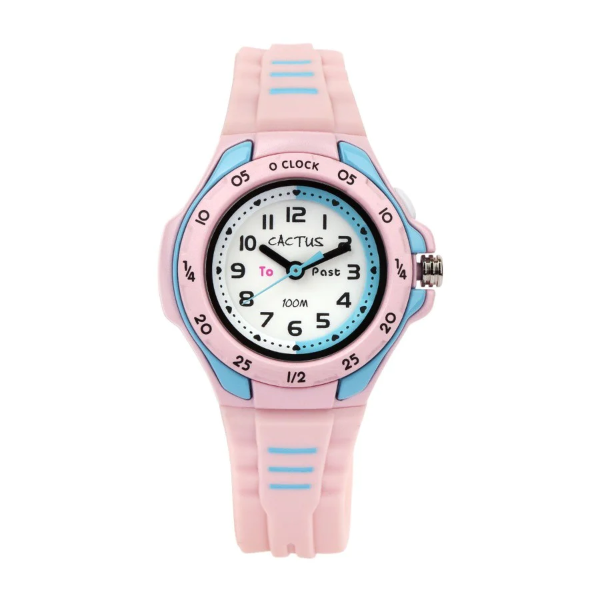 face of cactus mentor watch in pink and blue on white background