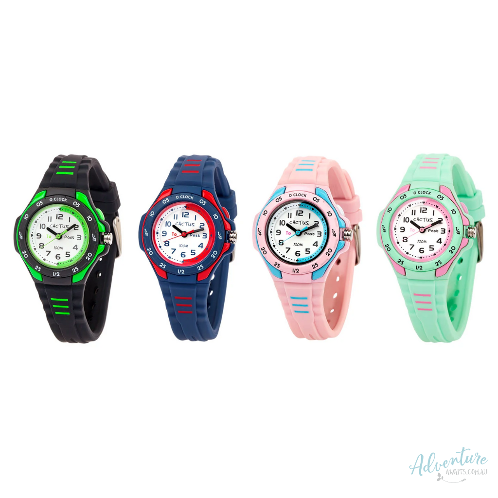Four children's watches with different colored straps on a white background