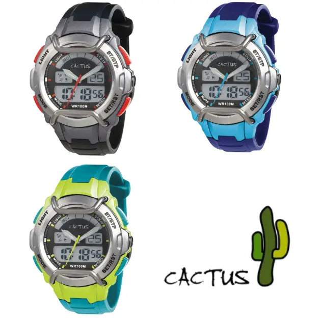 Black, blue and green Cactus analogue-digital kids' watches with 100m water resistance, Adventure Awaits