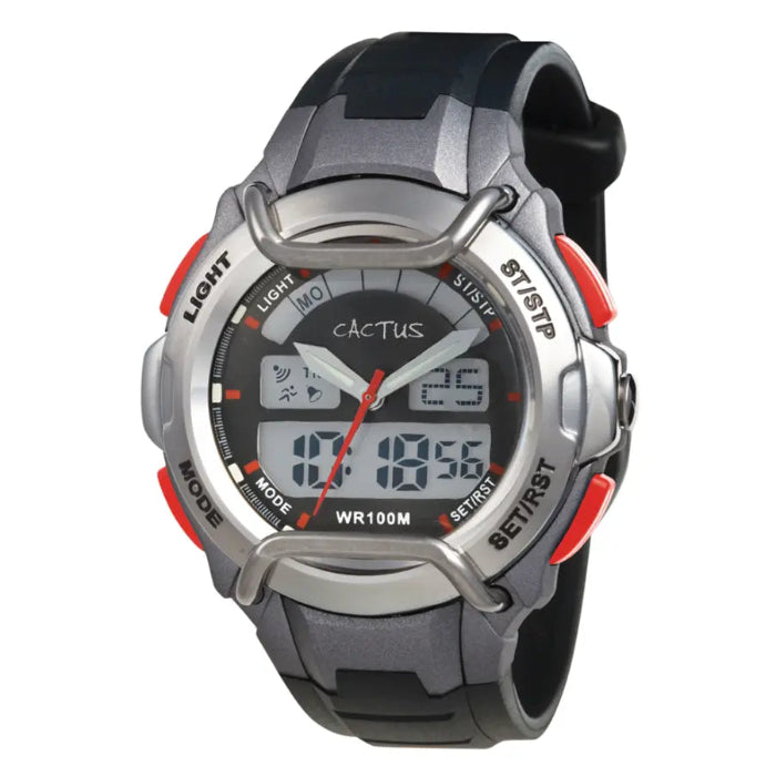 Black and silver Cactus analogue-digital kids' watch with red buttons and 100m water resistance, Adventure Awaits