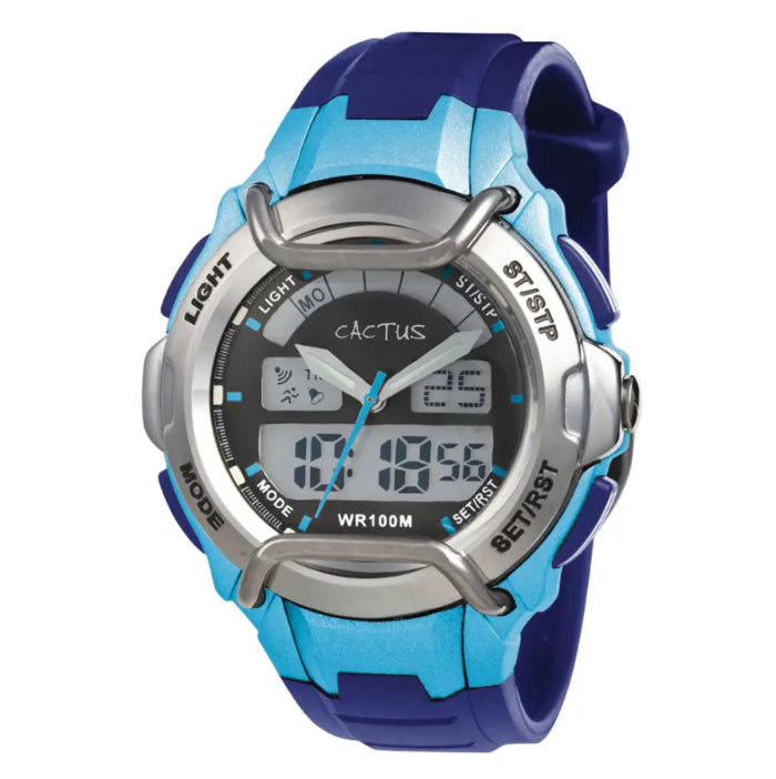 Blue and navy Cactus analogue-digital kids' watch with silver bezel and 100m water resistance, Adventure Awaits