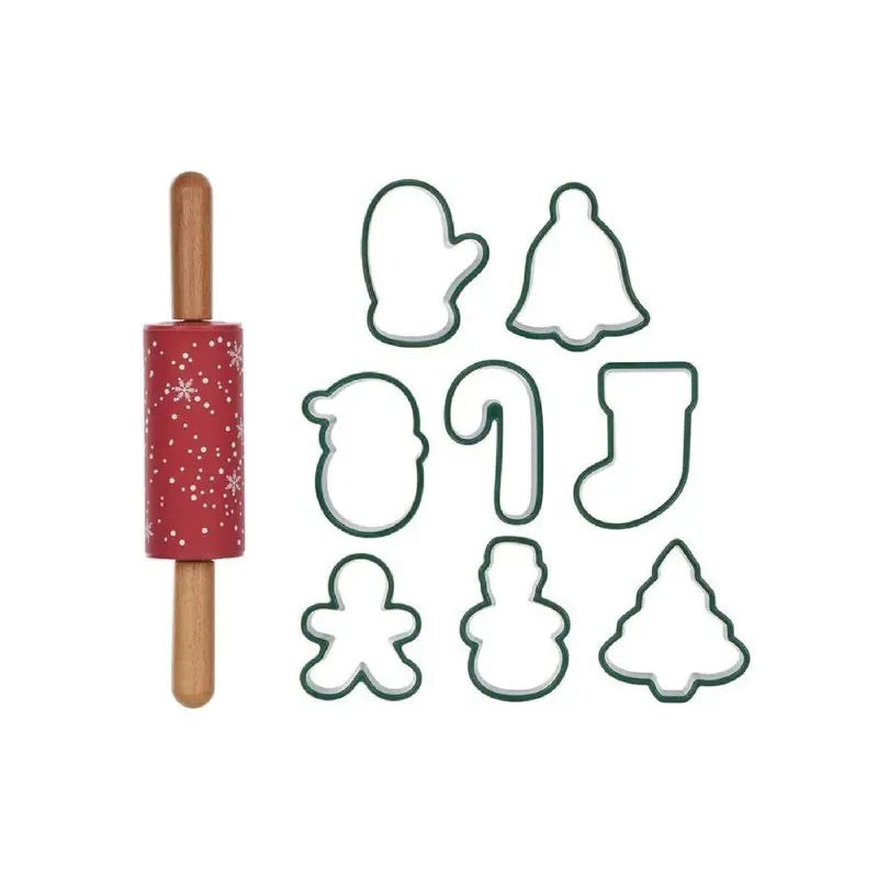 Christmas cookie cutter set with red rolling pin and festive shapes — Adventure Awaits