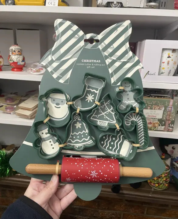 Christmas cookie cutter and rolling pin gift set held in store — Adventure Awaits