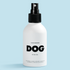 White spray bottle labeled 'DOG' on a light blue background
