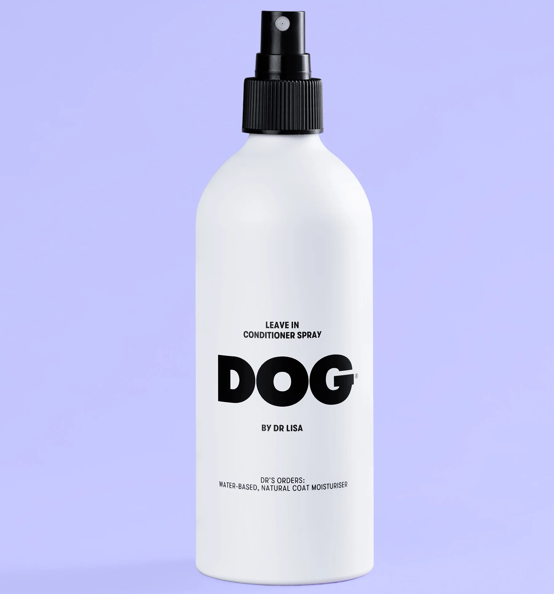 White spray bottle labeled 'Leave In Conditioner Spray DOG by De Lura' on a purple background