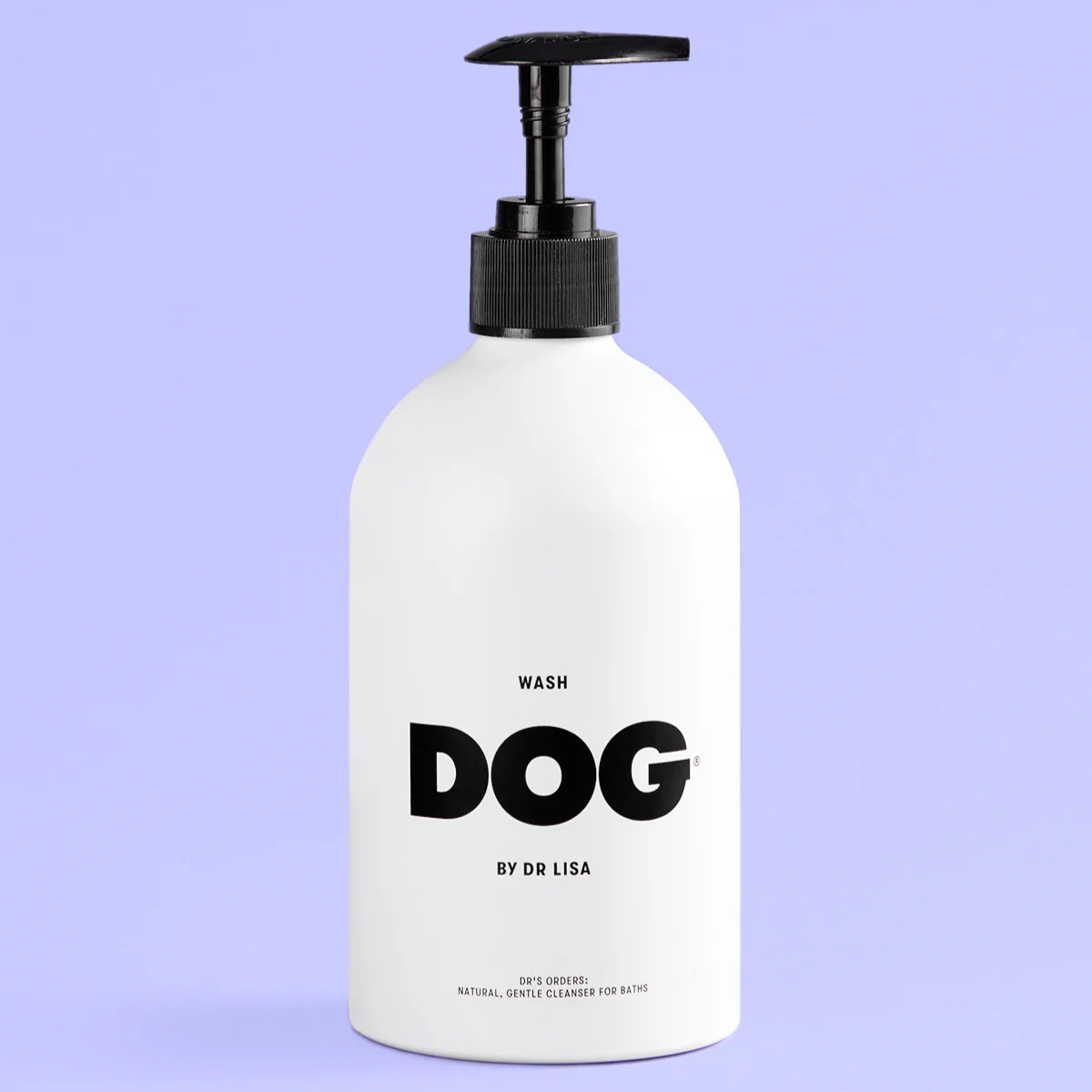 Dog wash bottle labeled 'Wash Dog by Dr. Lisa' on a purple background