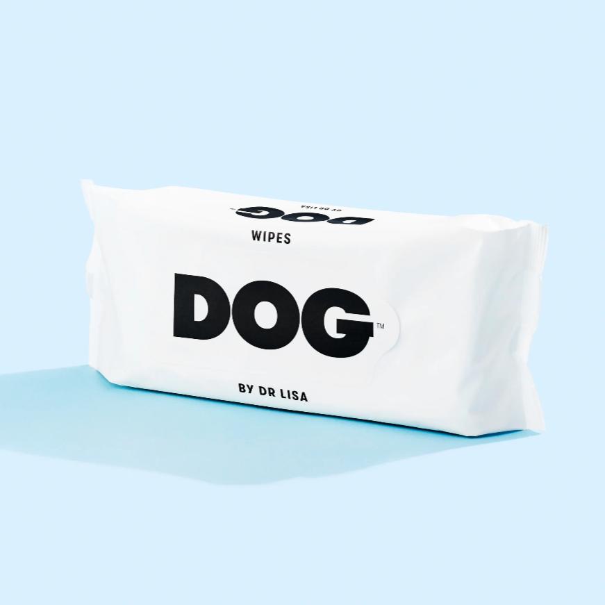 Box of 'DOG by Dr. Lisa' wipes on a light blue background