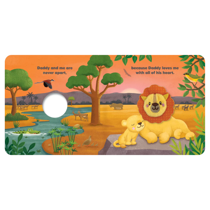 Safari board book page with lion and cub by the waterhole, sweet kids puppet book — Adventure Awaits