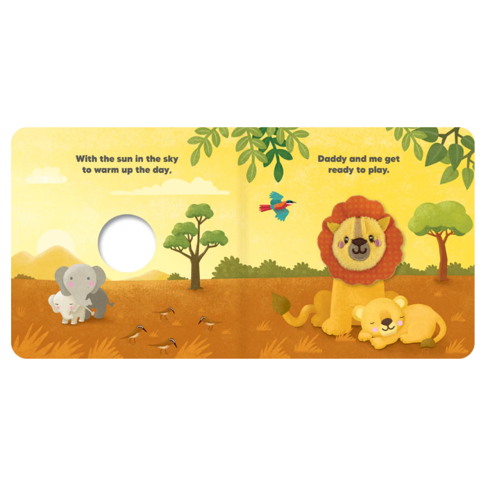 Safari board book page with lion family, elephant finger puppet hole and warm sunny scene — Adventure Awaits