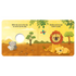Safari board book page with lion family, elephant finger puppet hole and warm sunny scene — Adventure Awaits