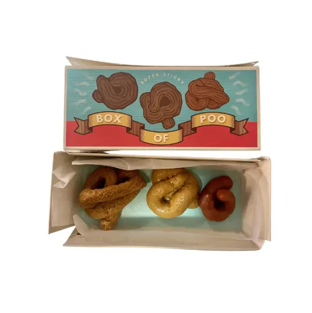 Open Box of Poo novelty toy box with three sticky slimy poo shapes Adventure Awaits
