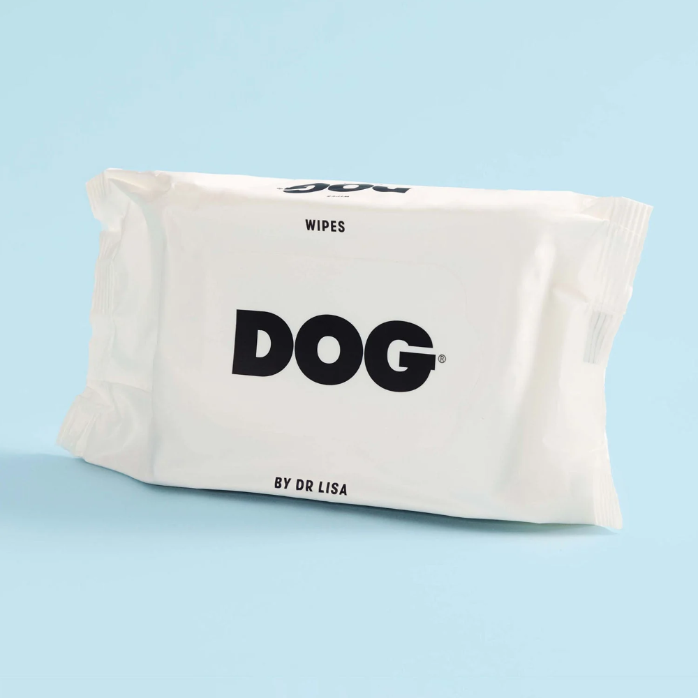 White pouch with 'DOG' branding on a light blue background