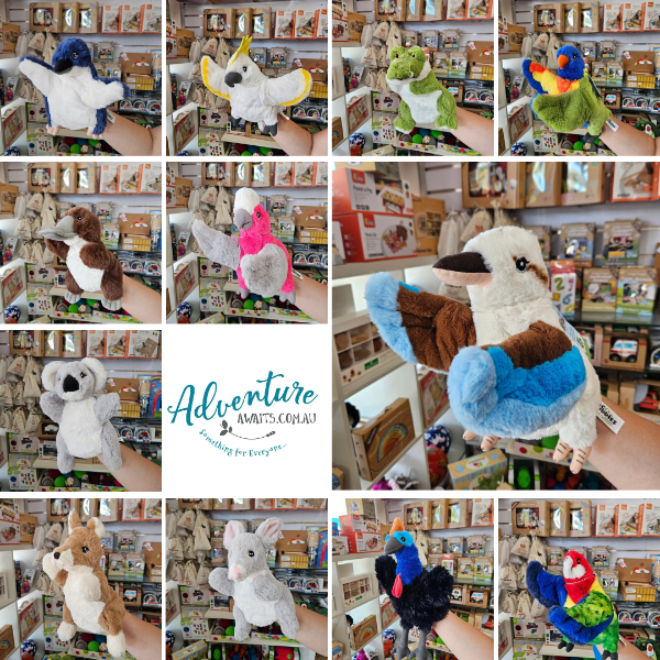 A collage of various Eco Buddies Hand Puppets in different colors and animal shapes displayed in a store setting.