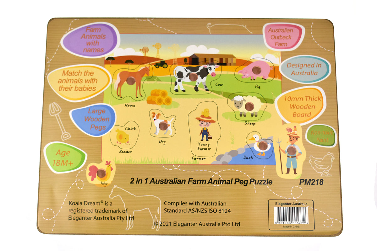 2 in 1 Wooden Peg Puzzle Australian Farm Animals Adventure Awaits