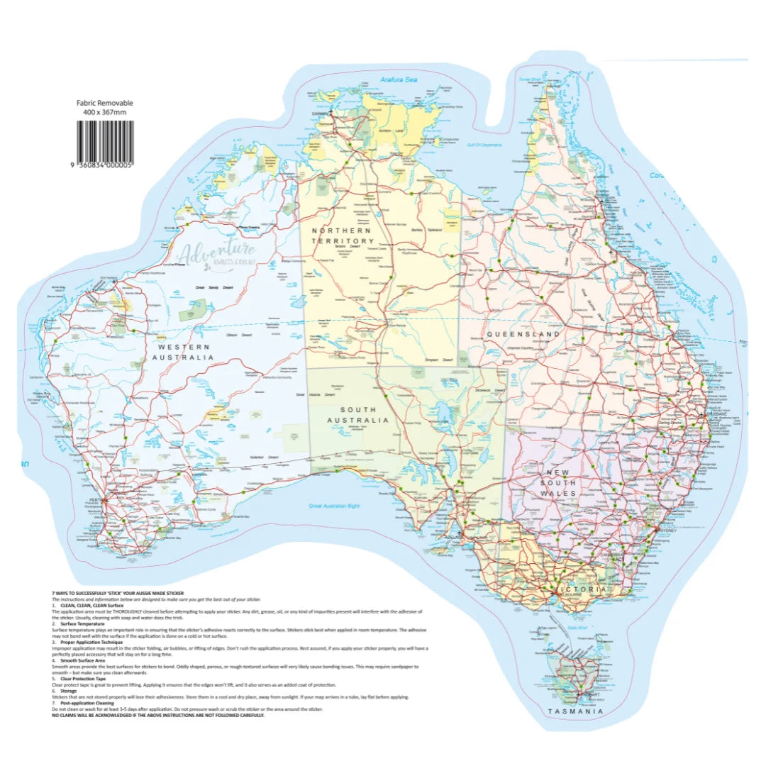 Map of Australia caravan sticker application instructions with barcode, steps for a smooth, bubble free fit — Adventure Awaits