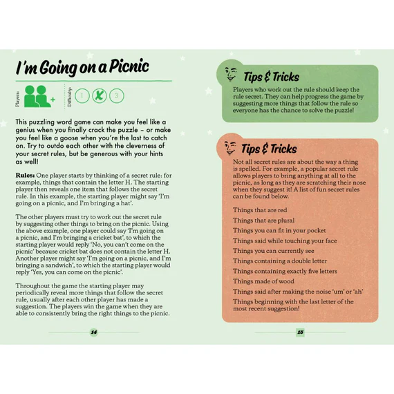 open page of family road trip games book with example of game and tips and trips