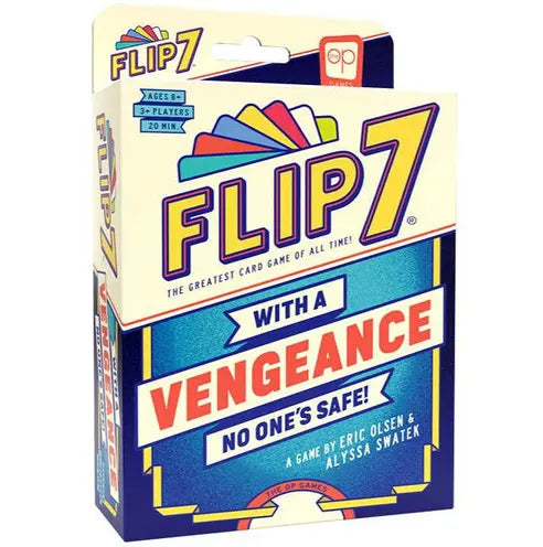 Flip 7 With a Vengeance card game box with colourful retro design Adventure Awaits