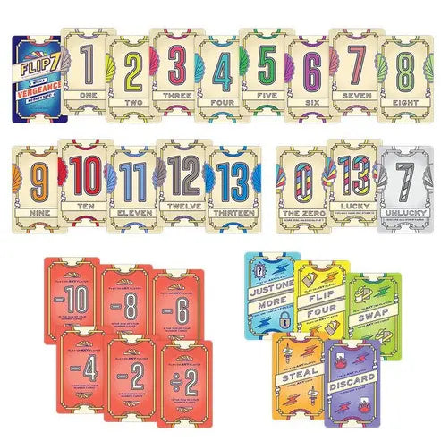Flip 7 With a Vengeance card game with number, modifier and action cards Adventure Awaits
