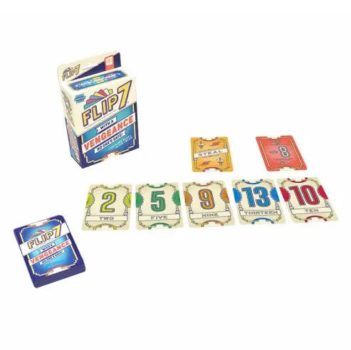 Flip 7 With a Vengeance card game laid out with box, number cards and action cards Adventure Awaits