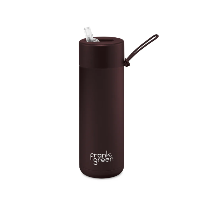 Chocolate Frank Green bottle with flip straw lid and matching carry strap — Adventure Awaits