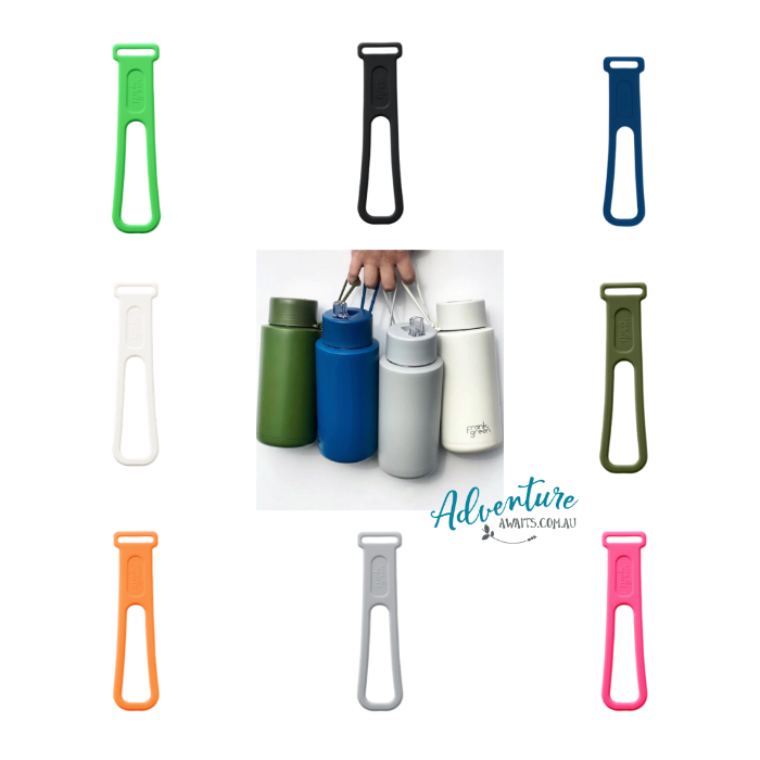 Frank Green bottle straps in assorted colours with bottles carried by hand — Adventure Awaits