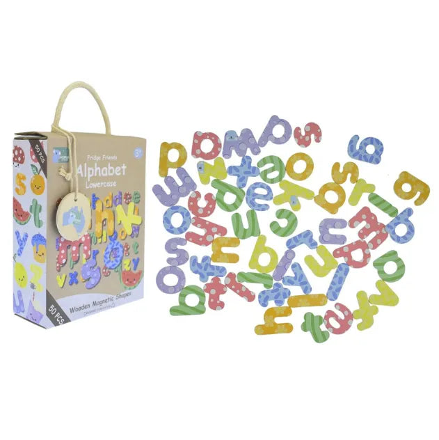 A boxed set of colorful alphabet magnets displayed beside the product box on a white background. The box reads 'Jungle From Alphabet Adventure' and shows a handle, with many loose alphabet magnets in pastel and bright colors spread out to the right.