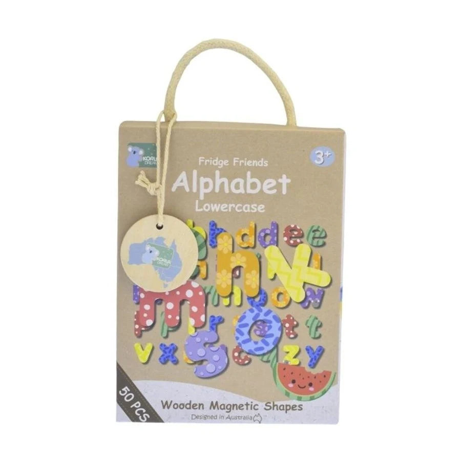 Fridge Friends Alphabet Lowercase wooden magnetic shapes set in its original cardboard packaging, featuring a beige handle and a hanging circular tag.