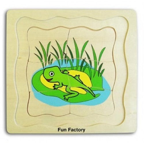 Fun Factory wooden froglet puzzle showing a young frog on lily pad in pond reeds — Adventure Awaits