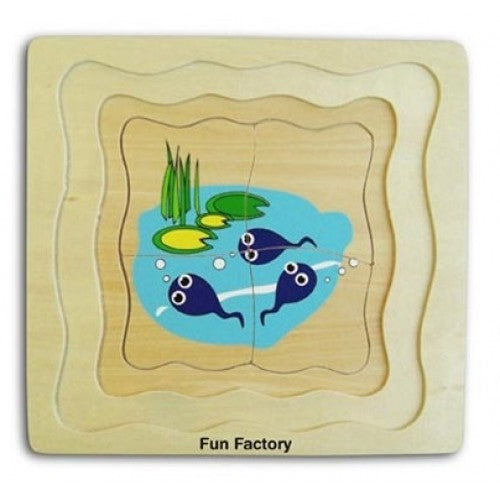 Fun Factory wooden tadpole puzzle showing three tadpoles swimming in a pond — Adventure Awaits