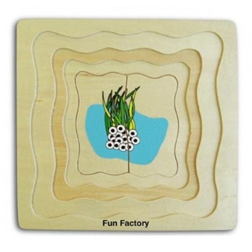 Fun Factory wooden frog egg puzzle showing frogspawn in pond reeds — Adventure Awaits