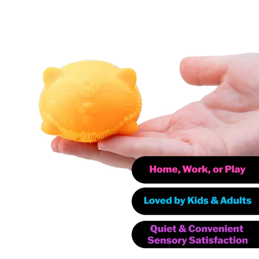 Yellow stress ball held in a hand with text about its uses on a white background