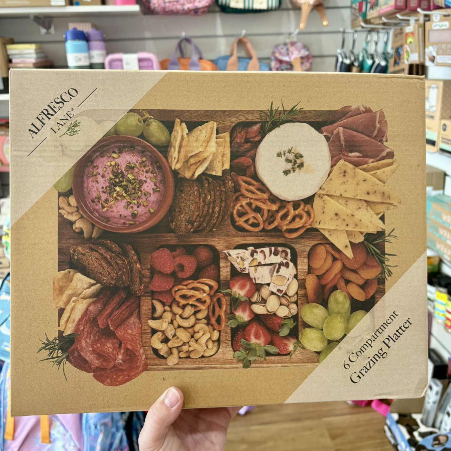Wooden Grazing Box with Lid | 6 Compartment | Alfresco Lane