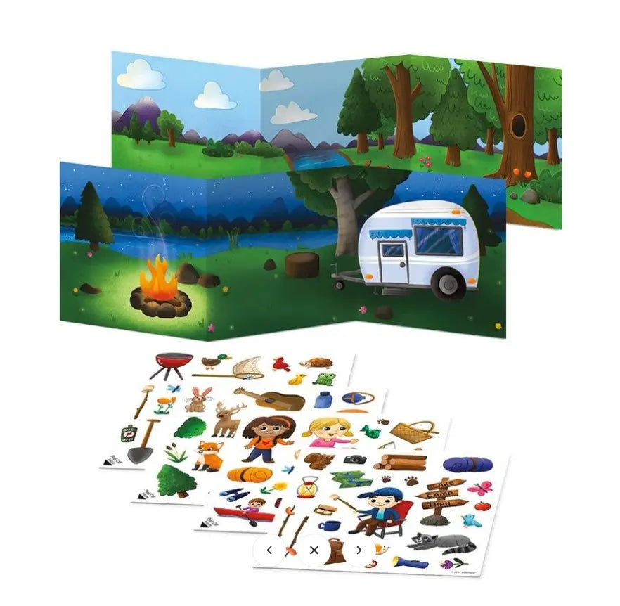 Happy Campers reusable cling sticker book with campsite scene and sticker sheets — Adventure Awaits
