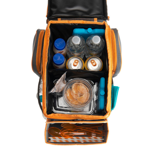 Adventure Awaits High Road CarHop seat cooler organiser filled with drinks, snacks and travel essentials