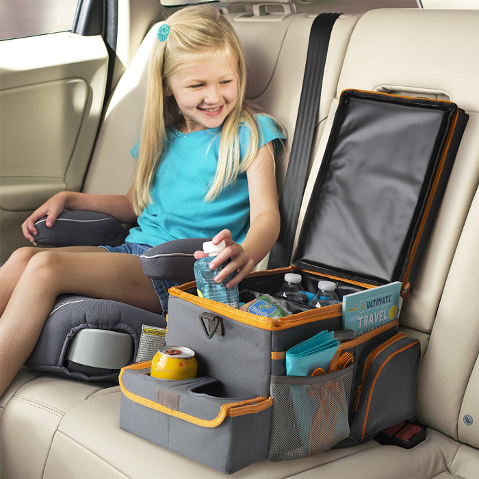 Adventure Awaits High Road CarHop seat cooler and organiser beside a child in a car back seat