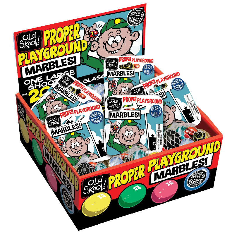 House of Marbles Old Skool Proper Playground Marbles display box filled with mesh bags of colourful glass marbles — Adventure Awaits