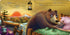 Illustrated pages from Adventure Awaits I Love You, Daddy book showing a father bear cuddling a cub at bedtime