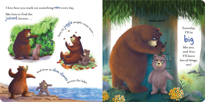 Illustrated pages from Adventure Awaits I Love You, Daddy book showing a bear teaching life skills to a young cub