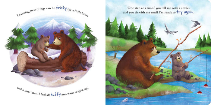 Illustrated pages from Adventure Awaits I Love You, Daddy book showing a father bear teaching and encouraging a young cub